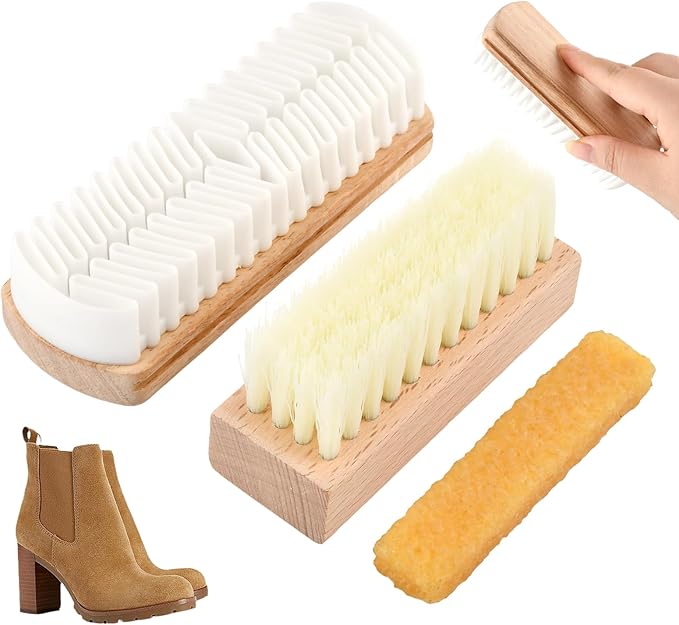 3Pcs Suede Shoe Brush and Eraser,Suede Nubuck Cleaning Brush for Shoes,with Wooden Handle,Suede Cleaning Kit for Leather Suede Shoe, Handbags,Jackets,Boots,Furniture,Easy to Use