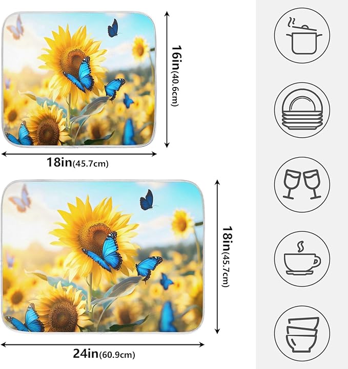 Blooming Sunflowers Blue Butterfly03 Dish Drying Mat for Kitchen Counter Absorbent Microfiber Small Drying Pad Dish mats for Kitchen Countertops 16 x 18 Inch