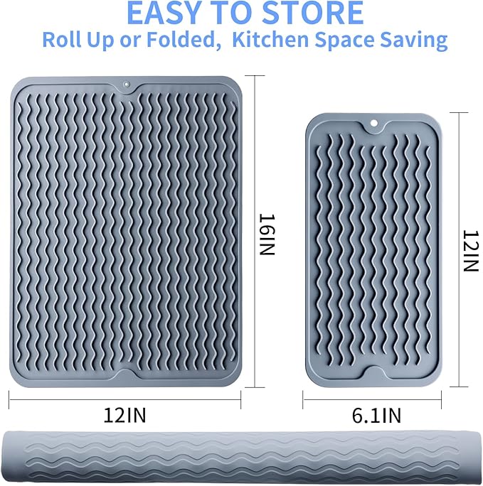 Silicone Dish Drying Mat - 2 Packs of Non-Slip Silicone Mat Easy Clean Drying Mat Large Heat-Resistant Dish Drainer Mat for Kitchen Counter, Sink, Refrigerator or Drawer Liner(16"x12", 12''x 6'' GREY)