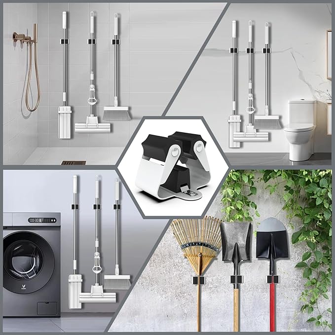 3-H Stainless Steel Broom Holder Wall Mount, Heavy Duty Mop and Broom Organizer with Screws, Tool Storage Rack for Kitchen, Laundry, Bathroom, Garage, Garden Shed,Matte Grey,12