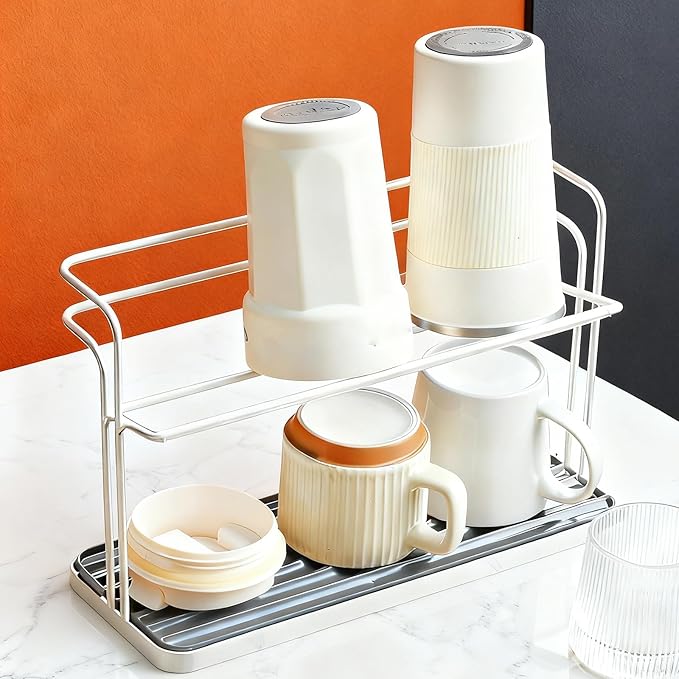 Bottle Drying Rack,Coffee Mug Holder with Drain Tray for Coffee Cup,Water Cup(Silver)