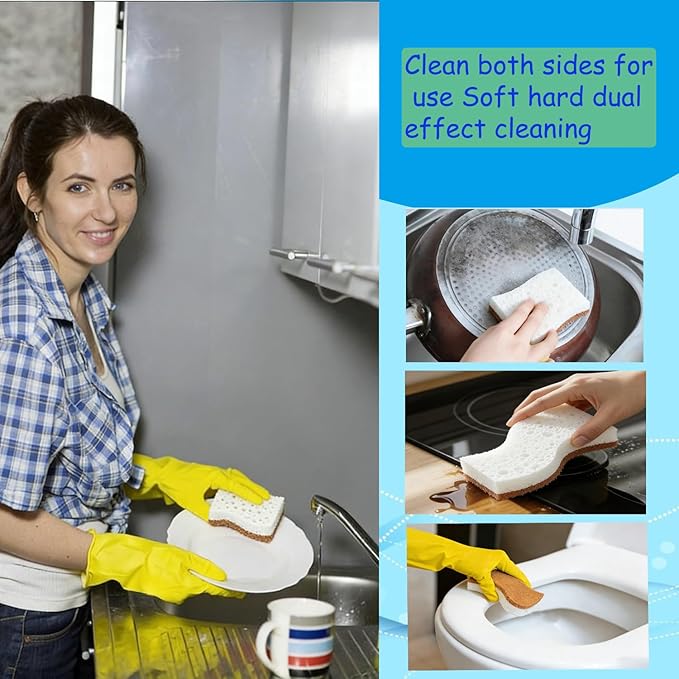 12Pcs Biodegradable Natural Kitchen Sponge - Non-Scratch Dish Sponges, Biodegradable & Compostable Cellulose with Coconut Fiber Cleaning Sponge for Kitchen, Dishes, Bathroom, Household.
