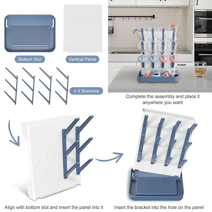 Baby Bottle Drying Rack, Vertical Bottle Rack Dryer Space Saving Bottle Drying Rack Countertop Organizer with Brush Holder for Bottles & Baby Accessories Pacifiers and Pump Part- BPA-Free(Blue)