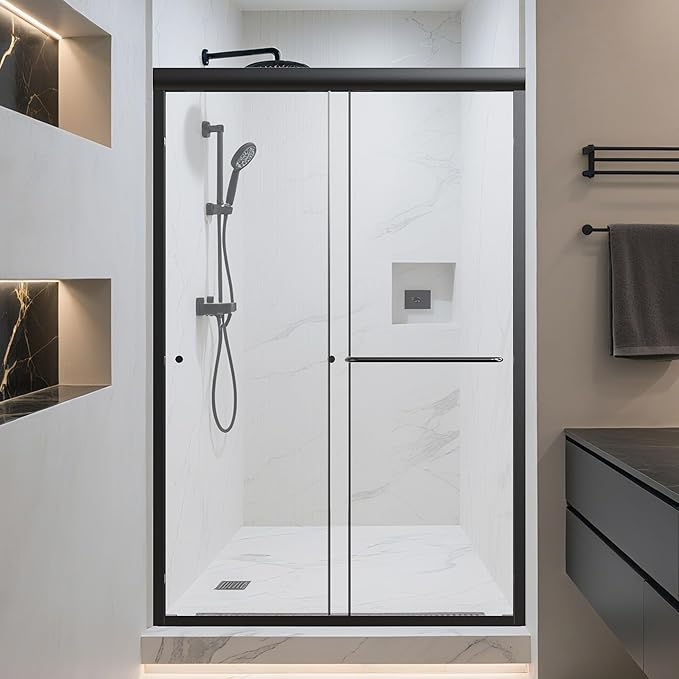 44-48" W x 72" H Bathroom Double Sliding Shower Door, Semi-Frameless Shower Glass Doors with 1/4" (6mm) Clear SGCC Tempered Glass and Stainless Steel Handles, Easy to Install, Matte Black