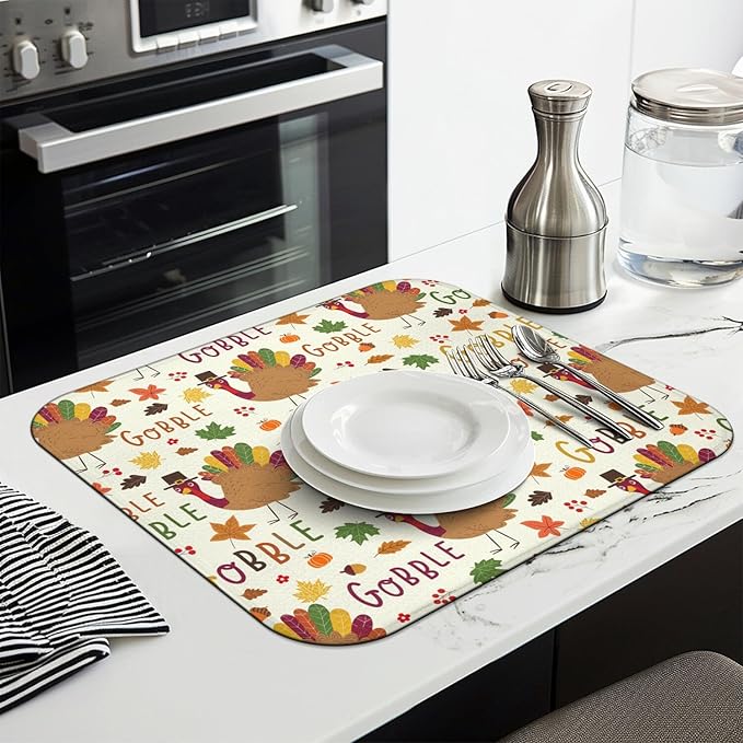 Thanksgiving Dish Drying Mat for Kitchen Counter, Cream Turkey Pattern Microfiber Kitchen Drying Mat, Washable Absorbent Countertop Harvest Fall Dish Mat Drainer, 16x18 Inch