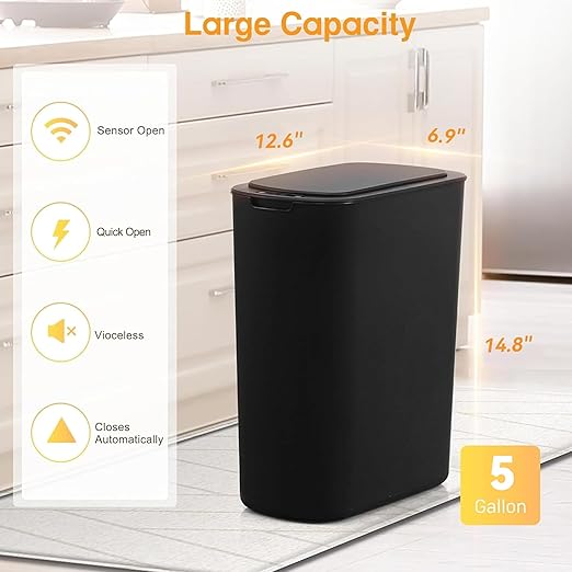 Bathroom Trash Can with Lid 5 Gallon Black Motion Senor Automatic Garbage Cans for Kitchen,Bedroom, Office, Living Room
