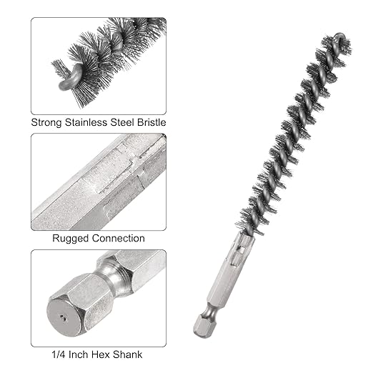 HARFINGTON 5Pcs Bore Brush Stainless Steel 11mm Dia Cleaning Twisted Wire Brush Tube Pipe Cleaner with Handle 1/4 Inch Hex Shank for Tubes, Ports, Bearings