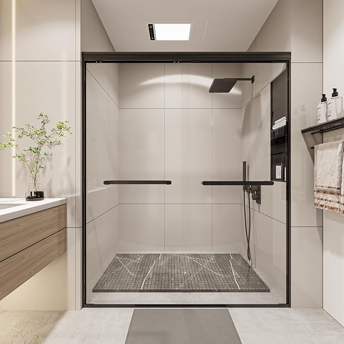 Double Sliding 44-48" W×72" H Shower Door,Semi-Frameless Sliding Glass Shower Door with 1/4''(6mm) Clear SGCC Tempered Glass,for Walk-in Shower Enclosure,Matte Black