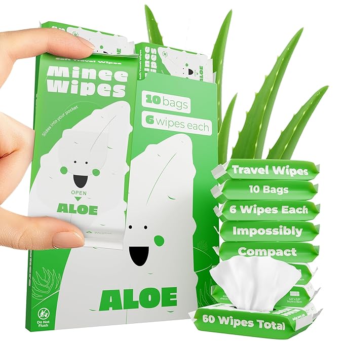 Impossibly Compact Travel Wipes - 99.5% Water - Safe for Sensitive Skin & Hypoallergenic, Resealable, Thick & Durable - For Adults, Kids & Baby Care - Aloe, 10 Pack Total 60 Wipes