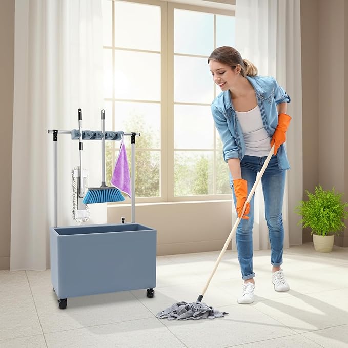 Floor Mop Sink, Mop Service Basin with Cleaning Tool Rack, Floor Mount Slop Sink with Wheels, With Drainage, for Kitchen, Laundry Room, Bathroom and Industrial Use (4 Mop Slots/5 Hooks)