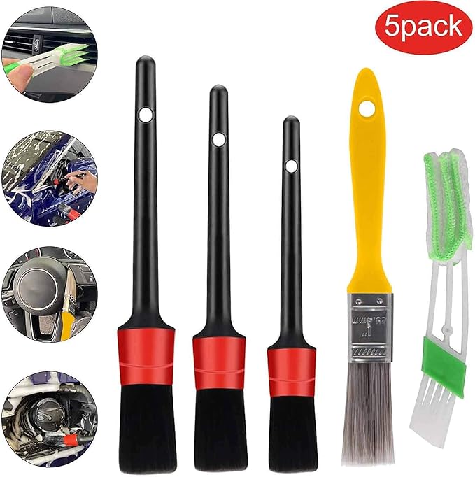 5pcs Auto Car Detailing Brush Set Car Interior Cleaning Kit Includes 3 Hair Detail Brush, 1 Brush for Cleaning Car Interior Exterior, Engines Leather Wheel (Multicolor, One Size)