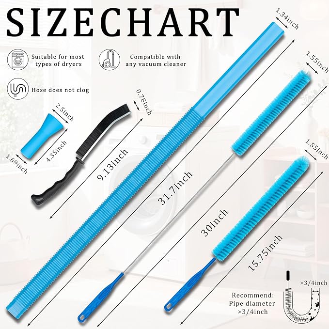 Dryer Vent Cleaner Kit – Flexible Brush & Universal Vacuum Attachment for Lint Removal, Dryer Duct and Vent Cleaning Tool for Dryer, Washer, Car Vents & Air Ducts