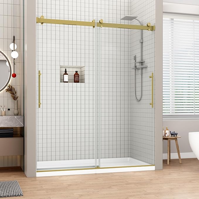 Sunrosa Frameless Double Sliding Shower Door 56 1/8"-60" W x 76" H, 5/16" (8mm) Thick Easy-Clean Tempered Glass, Adjustable Shower Door with Soft-Close System, Brushed Gold Finish