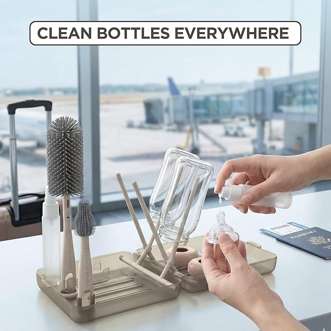 Bottle Brush Set Cleaner Silicone Brushes - Premium Food-Grade Silicone - Travel Friendly Portable Baby Bottle Cleaner Kit (Brown, Classic Style)