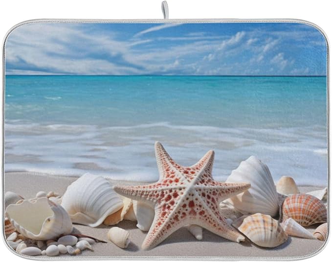 Starfishes Beach Seashells Dish Drying Mat for Kitchen Counter Absorbent Microfiber Drying Pad, Medium 16x18 in