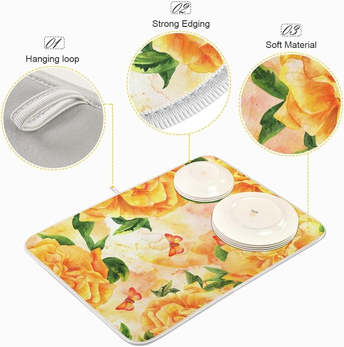 Tarity Watercolor Yellow Rose Dish Drying Mat for Kitchen Counter Absorbent Heat Resistant Microfiber Dishes Drainer Mat 18x24 in Large Dish Pad Sink Mat Protective Pad Kitchen Decor