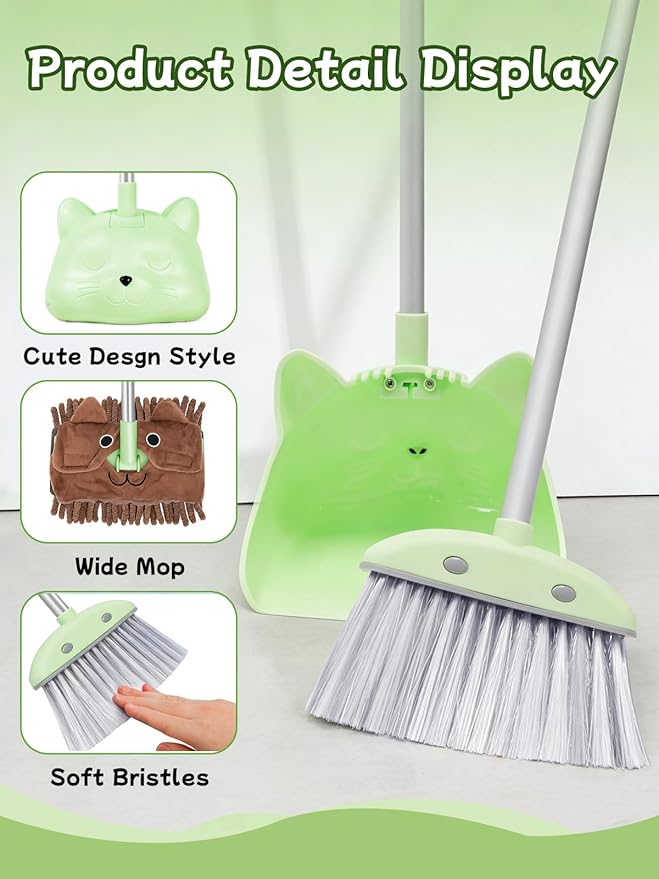 Kids Cleaning Toy 3-Piece Set - Broom, Dustpan & Mop | 28-Inch Mini Broom, Toddler Household Helper, Perfect Tool for Cleaning Tiny Corners, Adorable Cartoon Style (Green)