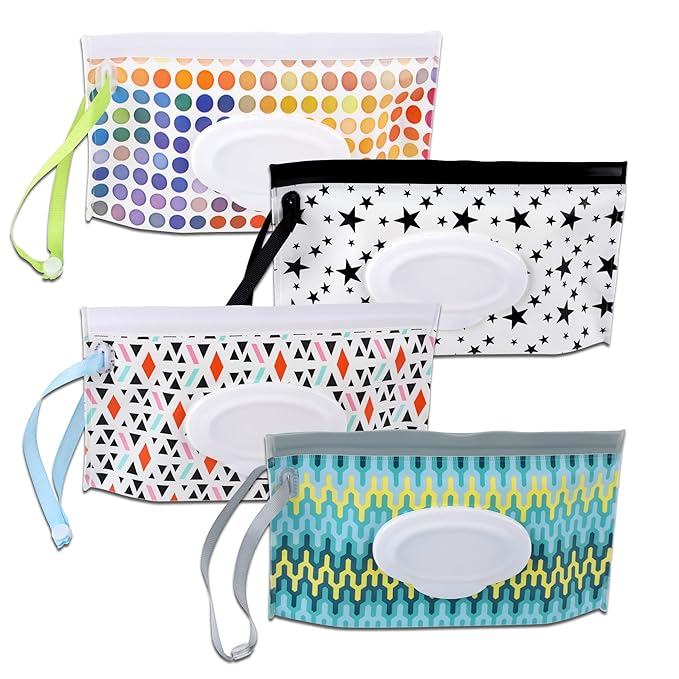 FEBSNOW 4 Pack Baby Wipe Dispenser, Portable Wet Wipe Holder Container, Reusable Wipes Dispenser Cases, Lightweight Travel Wet Wipe Pouch