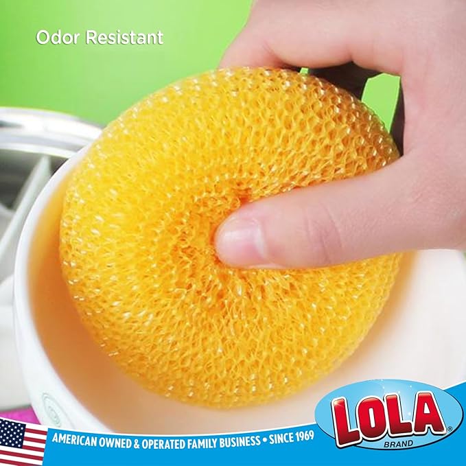 LOLA Plastic Mesh Scouring Pads - 18 Pack, 3.375" x 1.25", Non-Scratch Scrubbers to Clean Dishes, Assorted Colors - 1 Red, 1 Blue & 1 Yellow