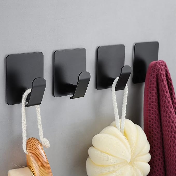 Taozun Adhesive Hooks 8 Packs, Black Wall Hooks for Hanging Coat/Towel Hooks Stainless Steel Waterproof Robe Hooks for Bathroom Bedroom Kitchen