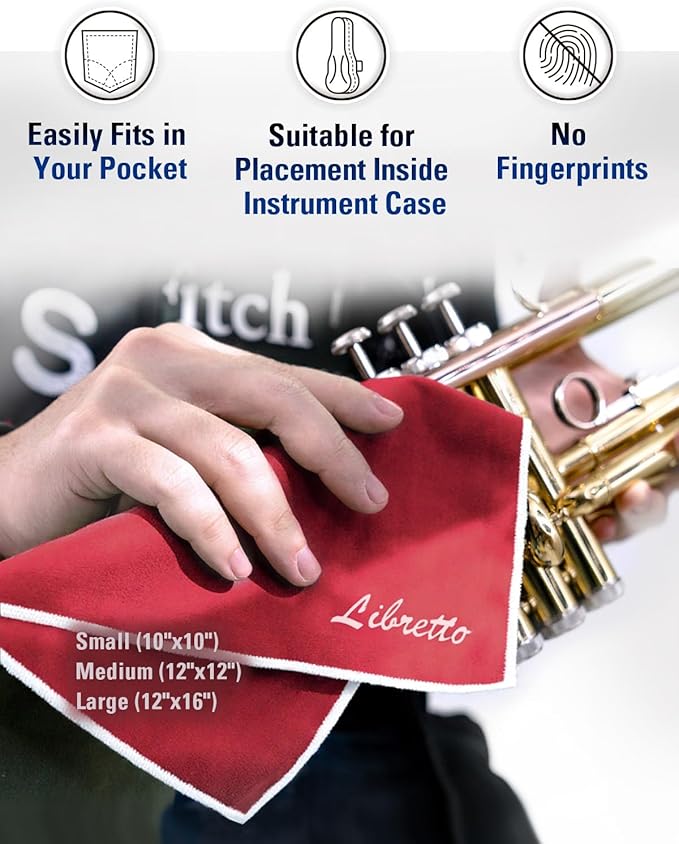 Libretto Microfiber Polish Cloth for Musical Instrument, 3 Sizes in 1 Pack, Trumpet and Brass Cleaning Product, Red, Lint-Free, for Piano, Violin, Guitar, Saxophone, Laptop.