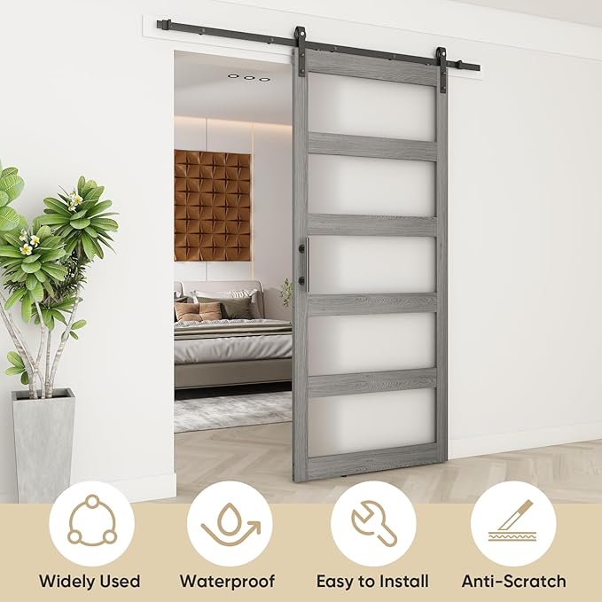 BARNSMITH 48in x 96in Glass Barn Door and 8FT Sliding Door Hardware Included, 5-Panel Frosted Glass, Solid Wood Covered with Water-Proof PVC Surface, Easy Assembly, Grey
