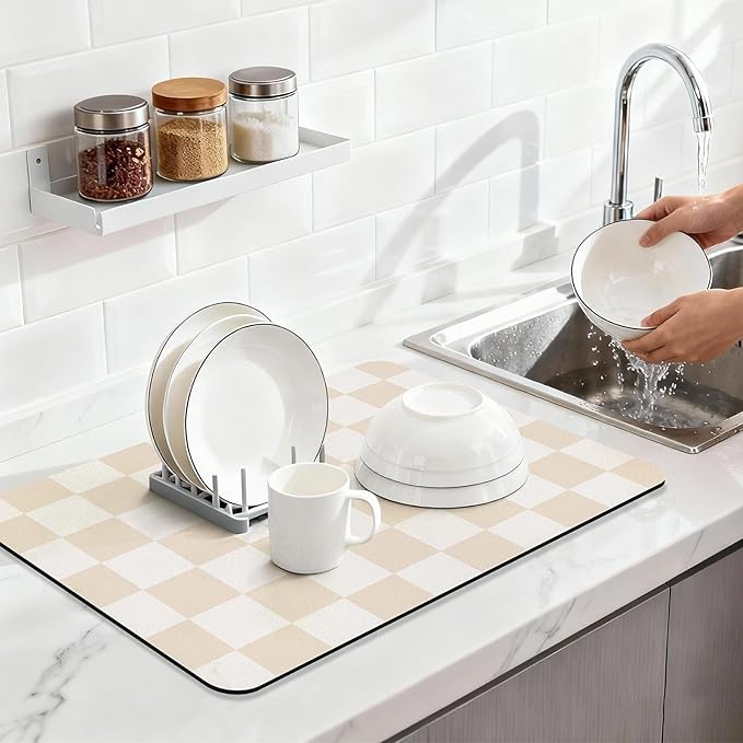 Checkered Dish Drying Mat for Kitchen Counter Coffee Mat Bar Accessories,Fit Uder Pot, Dish Rack,Hide Stain,Absorbent Easy Clean (Beige, 19" x 12")