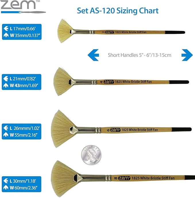 ZEM Brush White Hog Bristle Stiff Fan Brush Set Size 2,4,6,8