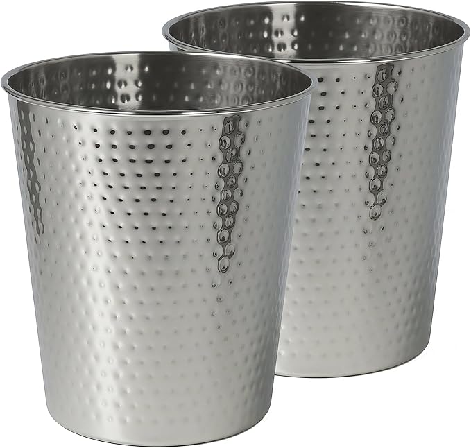happimess HPM1110E-SET2 Axel Modern Minimalist Hammered Steel 2 Gal Waste Bin for Kitchen, Office, Bathroom, Bedroom, Dorm, Polished Steel (Set of 2)