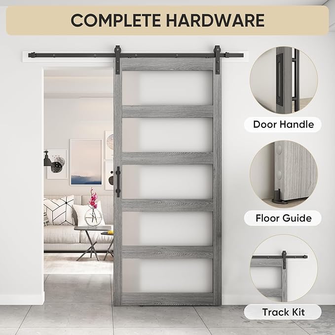 BARNSMITH 42in x 96in Glass Barn Door and 7FT Sliding Door Hardware Included, 5-Panel Frosted Glass, Solid Wood Covered with Water-Proof PVC Surface, Easy Assembly, Grey