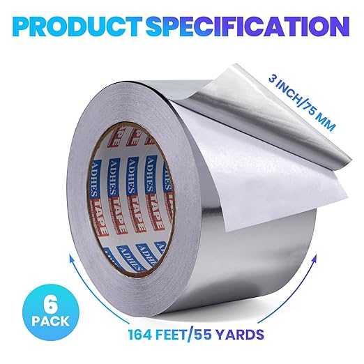 ADHES Premium Aluminum Foil Tape, 3 Inch x 164 Feet (55 Yards), 6Rolls Heat Proof Tape Withstand from 80°C to 100°C, Metal Duct Tape for HVAC, Sealing & Patching, Dryer Vents Pipe