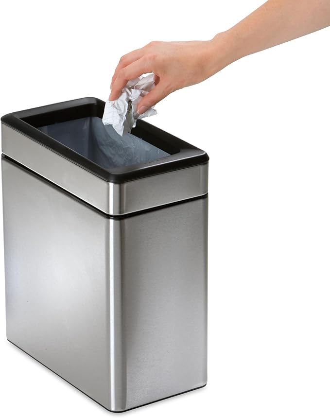 simplehuman 10 Liter / 2.6 Gallon Profile Open Trash Can, Slim Trash Can for Bedroom, Bathroom, Office, Brushed Stainless Steel