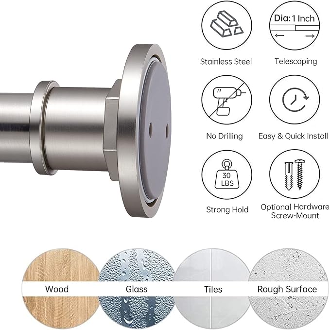 BRIOFOX Industrial Shower Curtain Rod - 2-in-1 Design Tension Curtain Rod - Never Rust Non-Slip 43 to 72 Inch 304 Stainless Steel, Brushed Nickel Window Curtain Rod