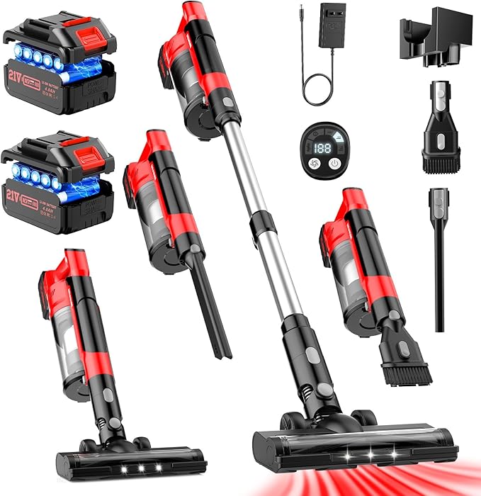 Cordless Vacuum Cleaners for Home with 2*Battery 8000mAh, Brushless Rechargeable Stick Vacuum with 3 Mode, 6 In 1 Portable Handheld Cordless Vacuum for Pet Hair /Hardwood Floor/Dorm/Carpet (Red)