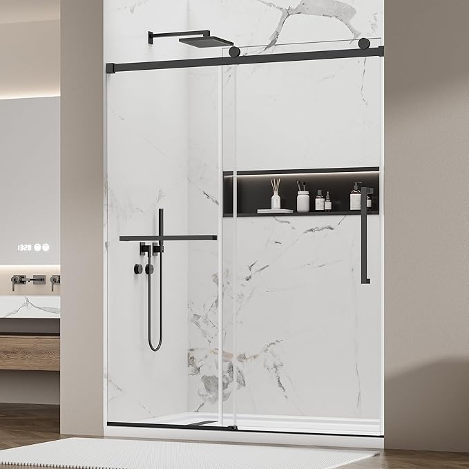Frameless Sliding Shower Door 56–60" W x 76" H, 5/16" Tempered Glass with Dual-Sided Easy to Clean Coating, Shower Glass Door with SUS304 Stainless Steel Hardware & 20" Towel Rack, Matte Black