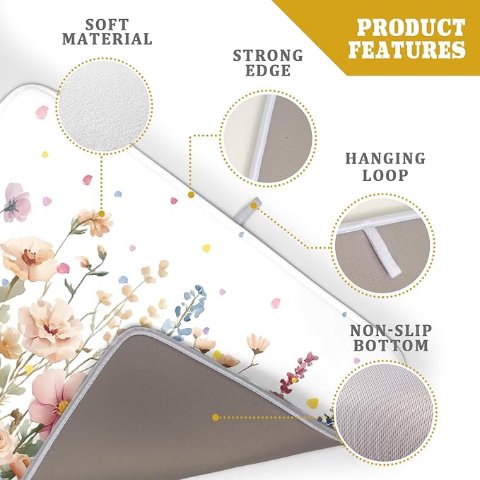 Colorful Flower Dish Drying Mat 18x24 Inch Botanical Floral Drainer Rack Mats Washable Absorbent Dish Dry Pad for Kitchen Counter Sink