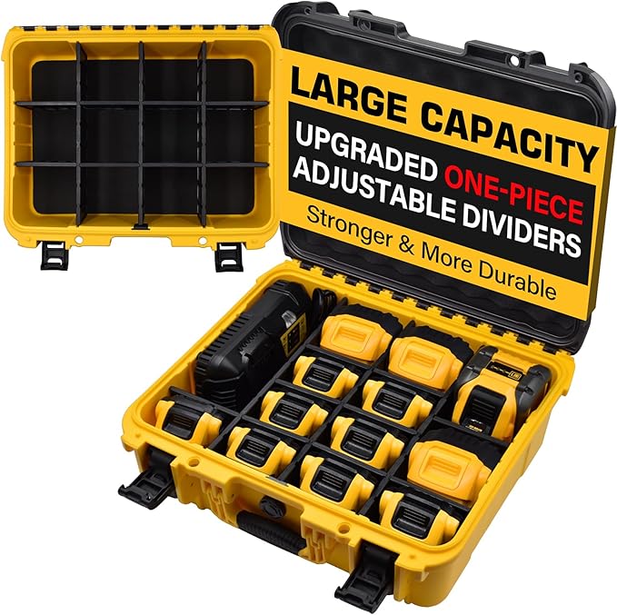 Case for Dewalt Battery – Waterproof Extra Large Hard Storage Box with 8 Adjustable One-Piece Molded Dividers, Heavy Duty Protective Organizer for Dewalt Battery and Charger