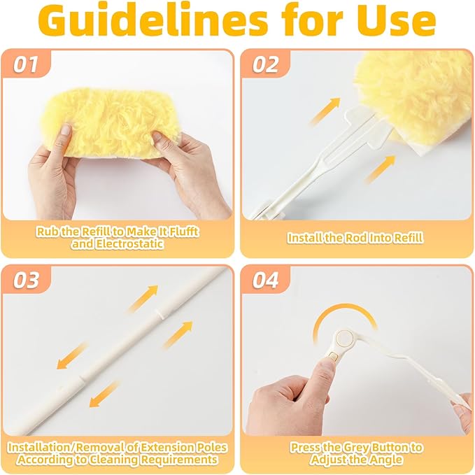 Heavy Duty Dusters Refills, Disposable Dusters Kit Compatible with Swiffer Handles, Multisurface Dusters+1 Extended Handle +1 Handle (Yellow, 360°)