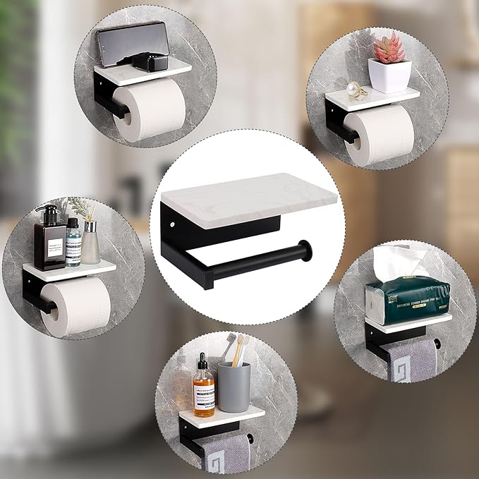 NearMoon Toilet Paper Holder with Shelf, Heavy Duty Bath Toilet Roll Holder with Phone Shelf Tissue Hanger for Bathroom/Kitchen Wall Mounted(Metal & Marble, Matte Black)
