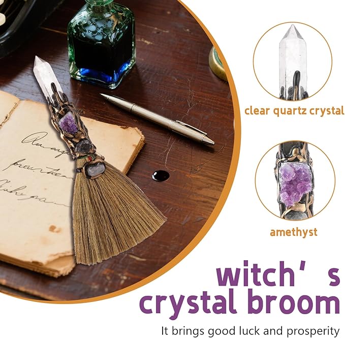 White Crystal Witch Broom - Witchcraft Supplies Mini Witches Broomstick with Amethyst Clusters Altar Supplies with Natural Healing Crystals Wiccan Supplies Prayers Meditation Therapy Decor