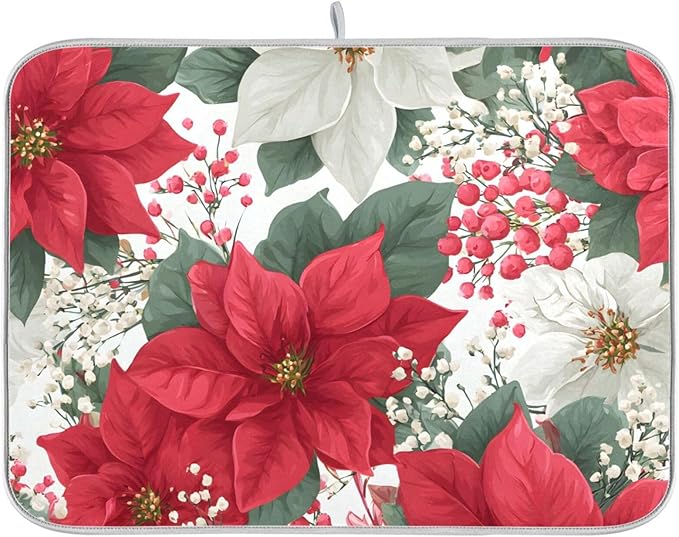 Red Poinsettias and Leaves Dish Drying Mat for Kitchen Counter Super Absorbent Drying Mat 18x24 inch Large Dish Drying Matts for Countertop Protector Dishes Pad