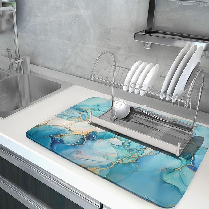 Marble Print Dish Drying Mat for Kitchen Counter,Blue Teal Turquoise Gold Drying Mat 18 x 24 Inch with Absorbent Reversible Microfiber Drying Pad for Coffee Bar