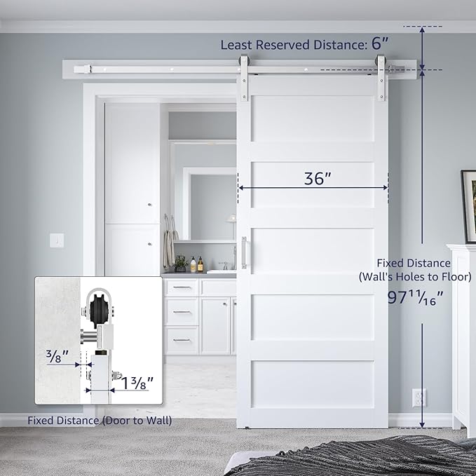 36in x 96in White Sliding Barn Door with 6.6ft Brushed Nickel Barn Door Hardware Kit & Handle, 5-Panel, Pre-Drilled Holes Easy Assembly, Water-Proof PVC Surface