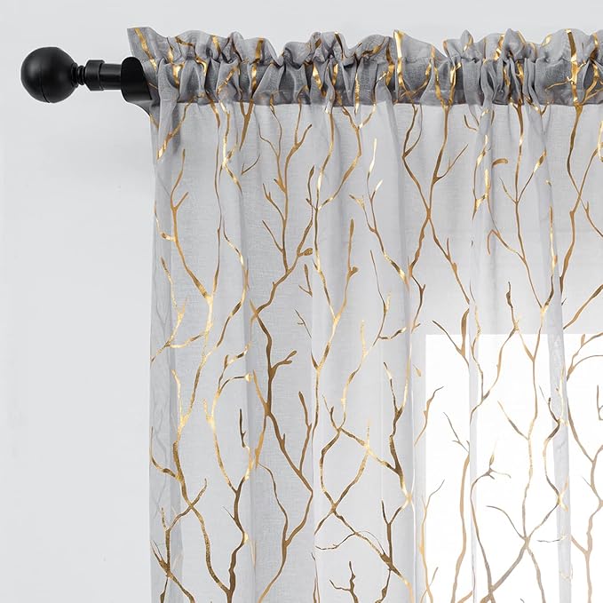 FINECITY Gold Grey Sheer Curtains 72 Inches Long 2 Panels Metallic Gold Shimmer Branches Sheer Curtains for Bedroom, Rod Pocket Privacy Light Filtering Sheer Window Curtains, 52 x 72 Inch