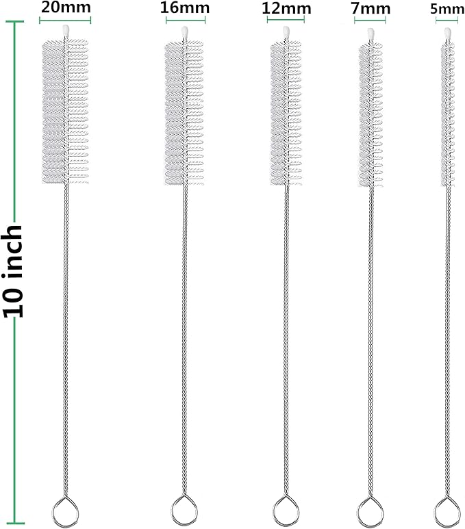 Straw Cleaner Brush Long 10 inch, 10-PCS Straw Brush of Bristles Diameter (5+8+12+16+20mm) for Cleaning Reusable Straws, Sippy Cup, Water Bottles, Tumblers, Tubes Clear Color