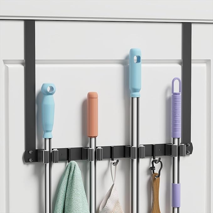 Broom and Mop Holder Over the Door, Broom Holder with 4 Racks and 3 Hooks Metal Broom Organizer Wall Hanging Broom Storage Behind the Door for Closet Kitchen Cabinet Garden