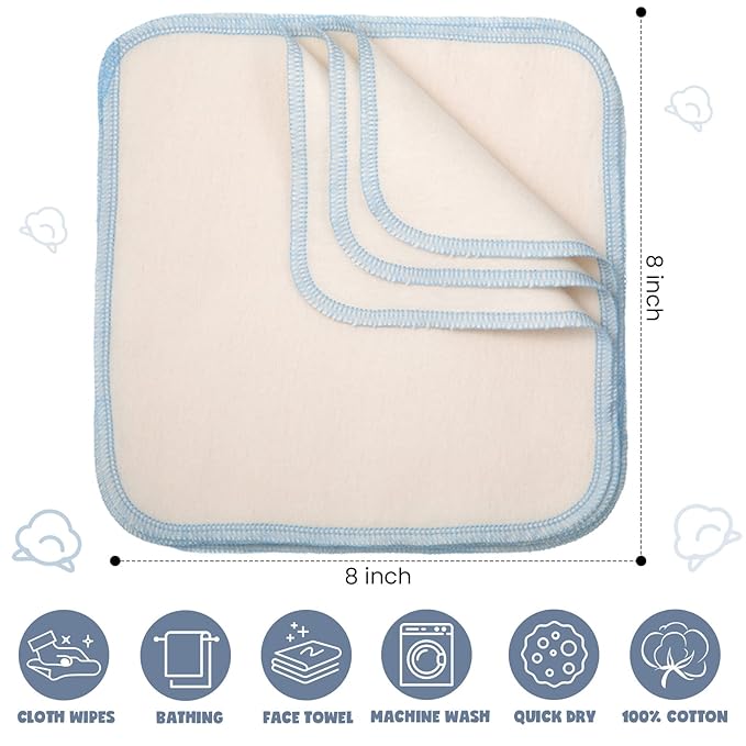 Zopeal 64 Pcs Flannel Cloth Baby Wipes Reusable Dispenser Washable Soft Natural Unbleached Baby Face Cloth Wipes 8 Colors Outer Stitching 8 x 8 Inches