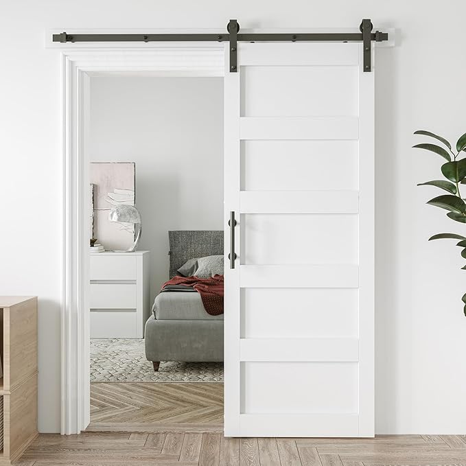 32in x 84in Sliding Barn Door with 6ft Barn Door Hardware Kit & Handle, Pre-Drilled Holes Easy Assembly -Solid Barn Door Slab Covered with Water-Proof PVC Surface, White, 5 Panel