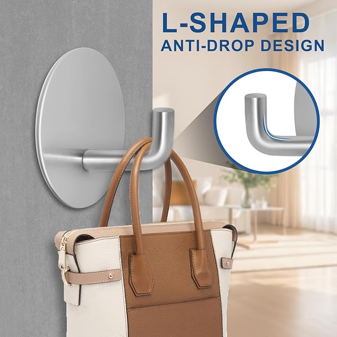 Adhesive Hooks for Bathrooms, 4 Piece Towel Hooks for Hanging Hat Robe Coat, Stick on Hooks for Kitchens, Strong Self-Adhesive No Damage Waterproof Stainless Steel Sticky Hook (Silvery)