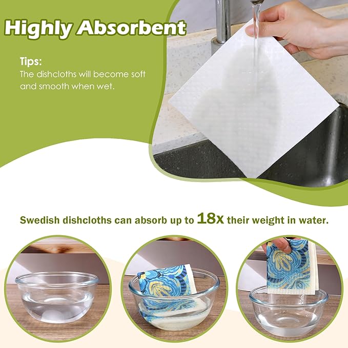 6 Packs Swedish Paper Cloths for Kitchen, Reusable Paper Towels Washable Dish Rags, Highly Absorbent Kitchen Towels Quick Drying Swedish Sponge Cleaning Dish Cloths(Blue Retro Floral)